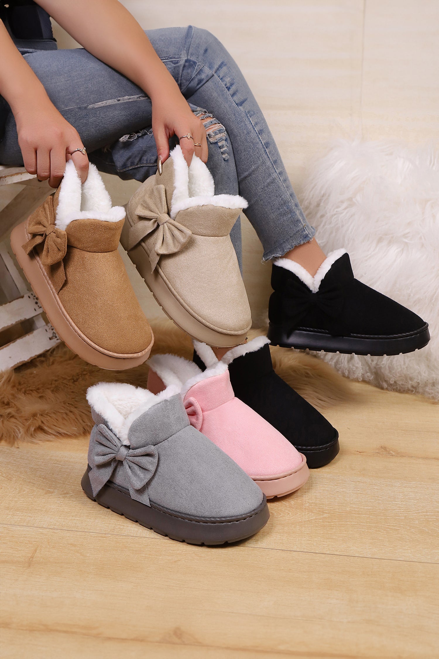 Brown Faux Suede Bow Plush Lining Snow Booties