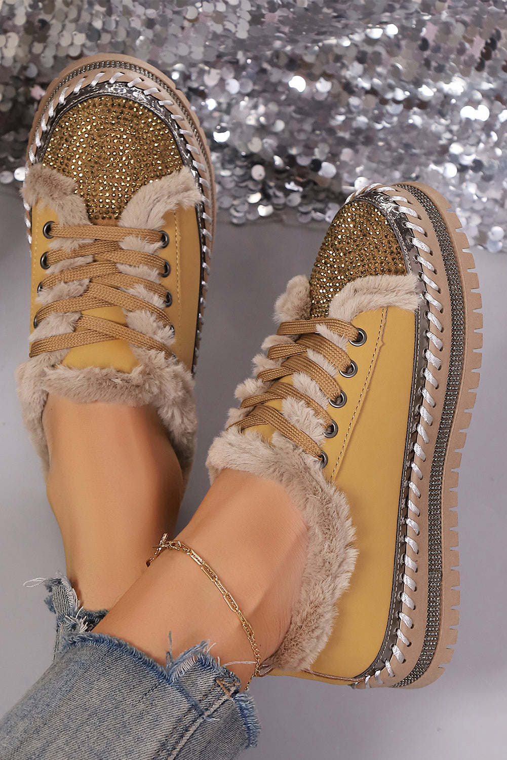 Tan Rhinestone Faux Fur Lining Lace-Up Flat Shoes