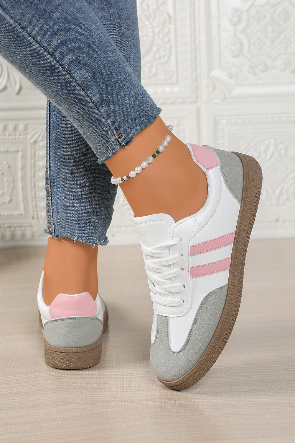 Rose Red Color Block Lace-Up Flat Shoes