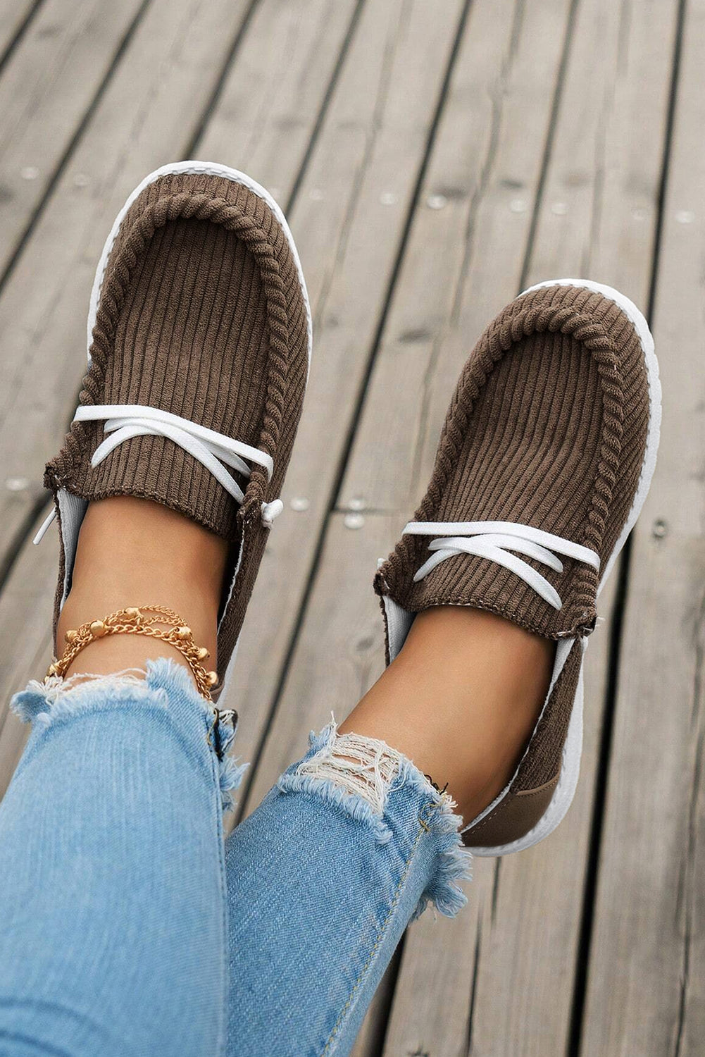 Coffee Ribbed Criss-Cross Slip-On Casual Shoes