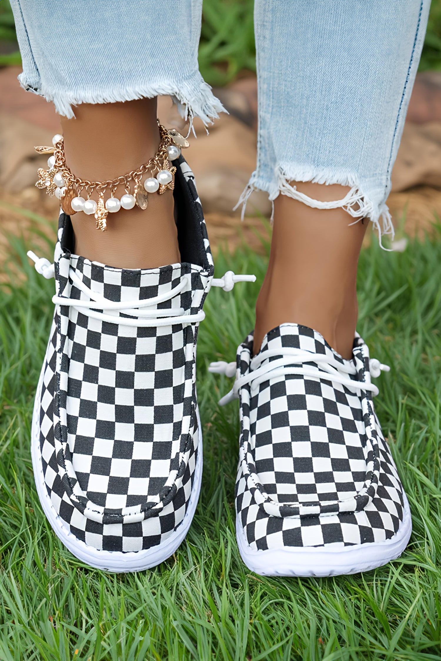 Black Checkered Print Lace-Up Flat Shoes