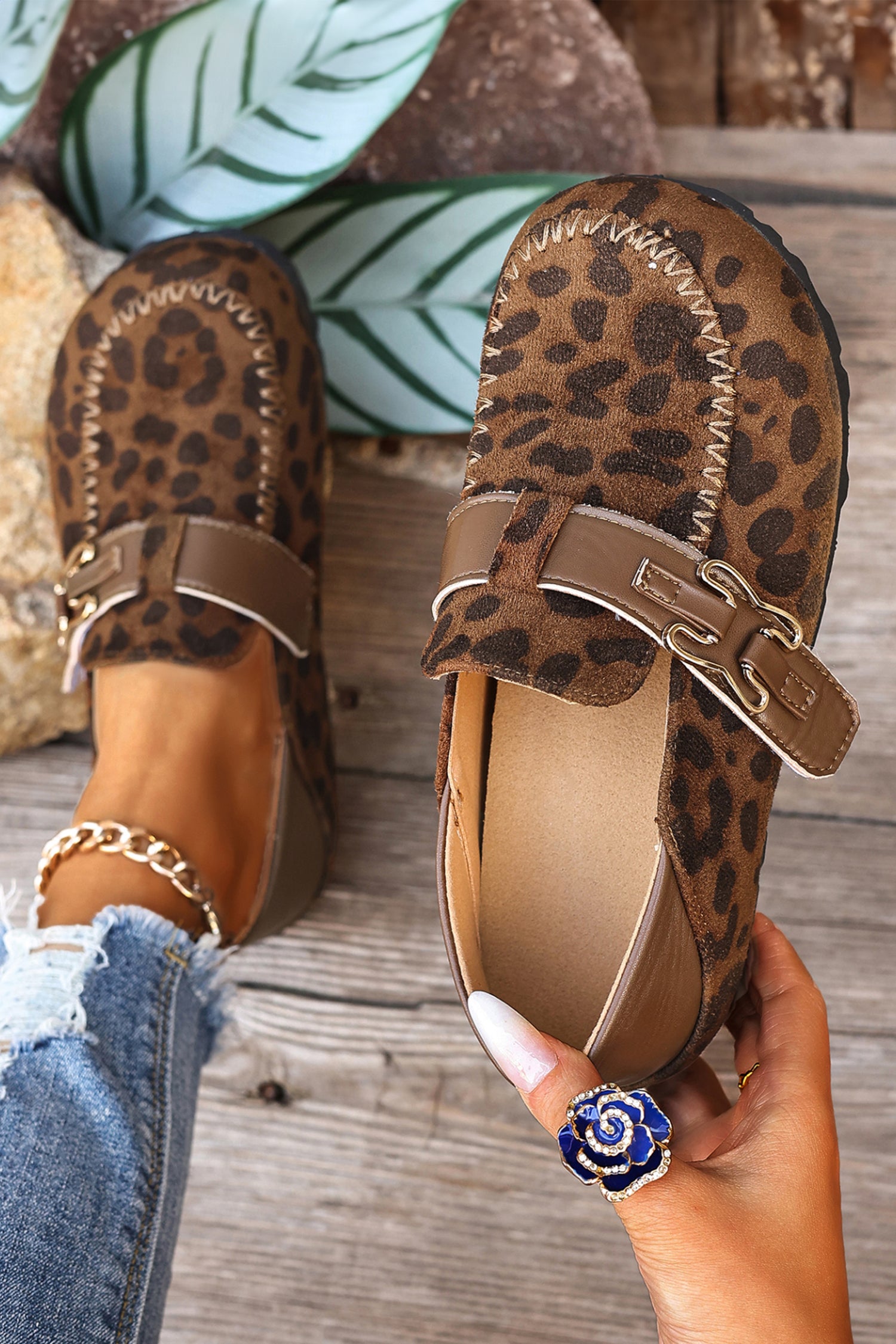 Khaki Faux Suede Retro Buckle Slip-On Shoes