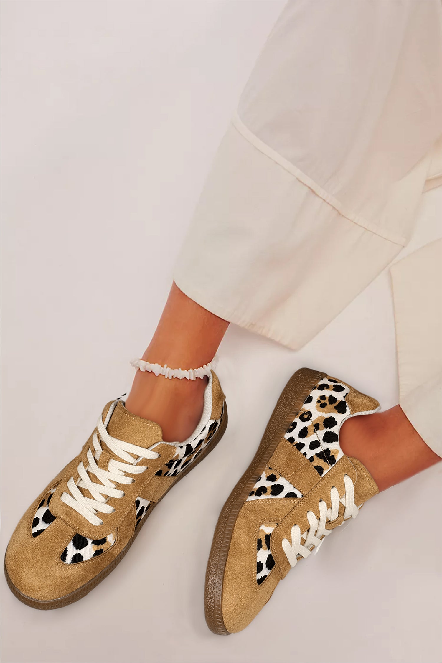 Beige Leopard Patchwork Lace-Up Flat Shoes