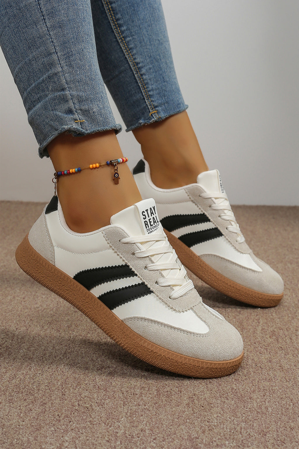 White Varsity Color Block Lace-Up Shoes