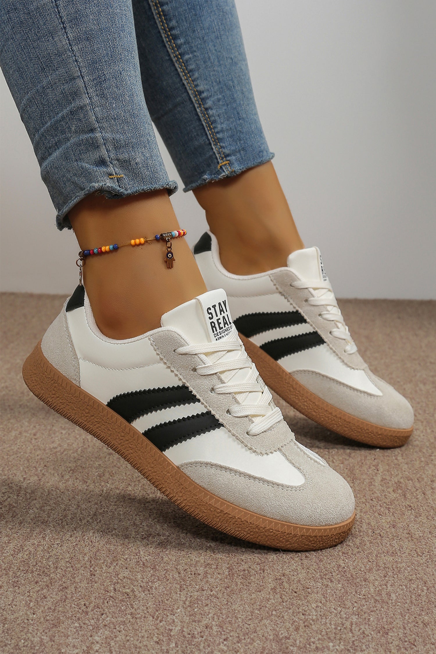 White Varsity Color Block Lace-Up Shoes