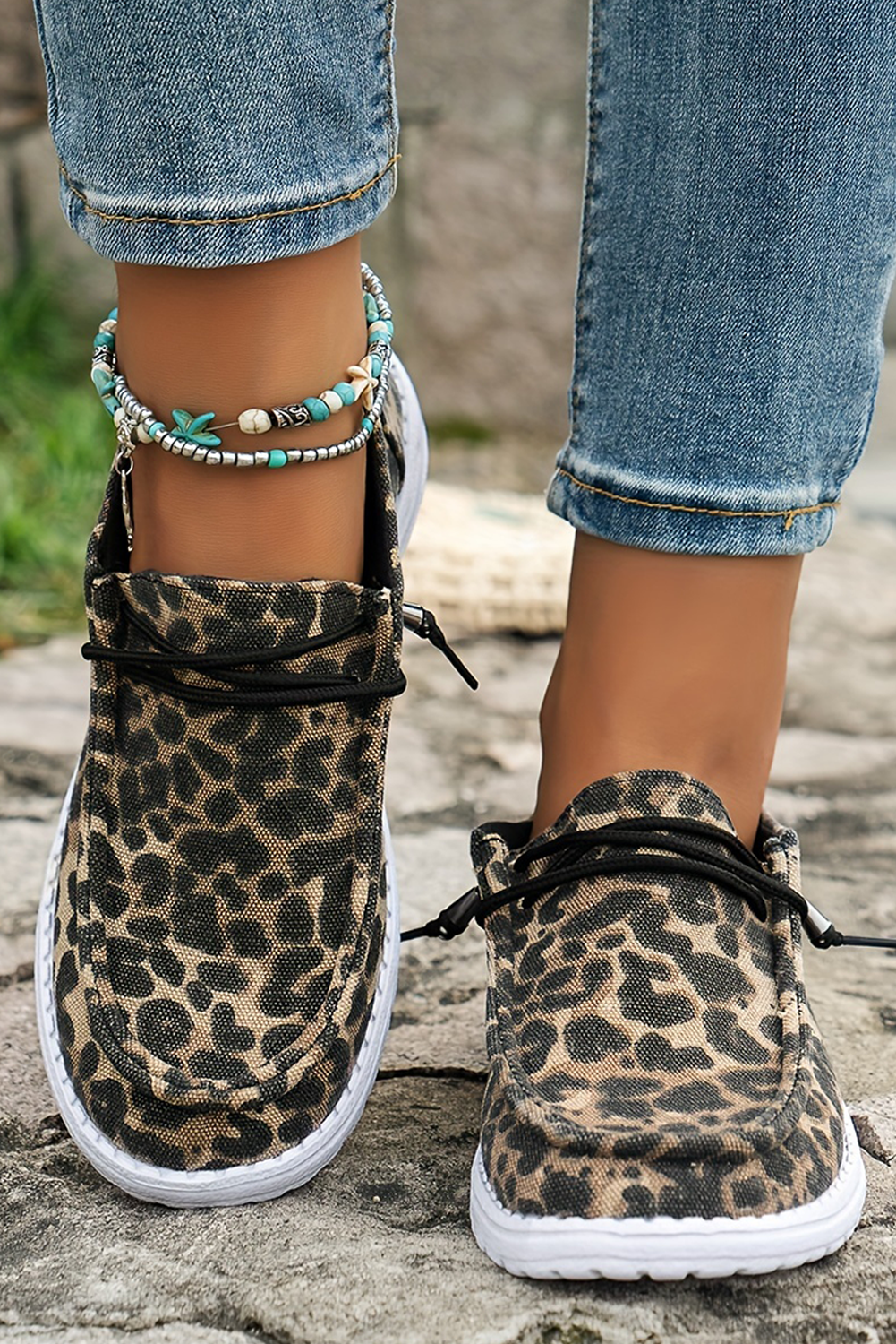 Coffee Leopard Print Canvas Lace-Up Shoes