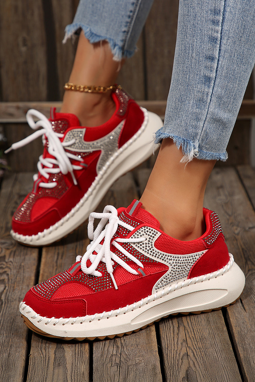 White Rhinestone Color Block Lace-Up Breathable Sneakers
