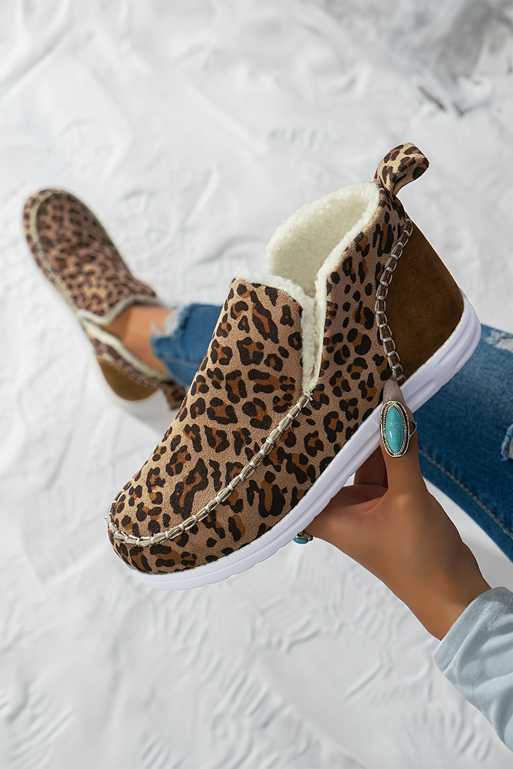 Dark Grey Leopard Print Ankle Fur Winter Boots