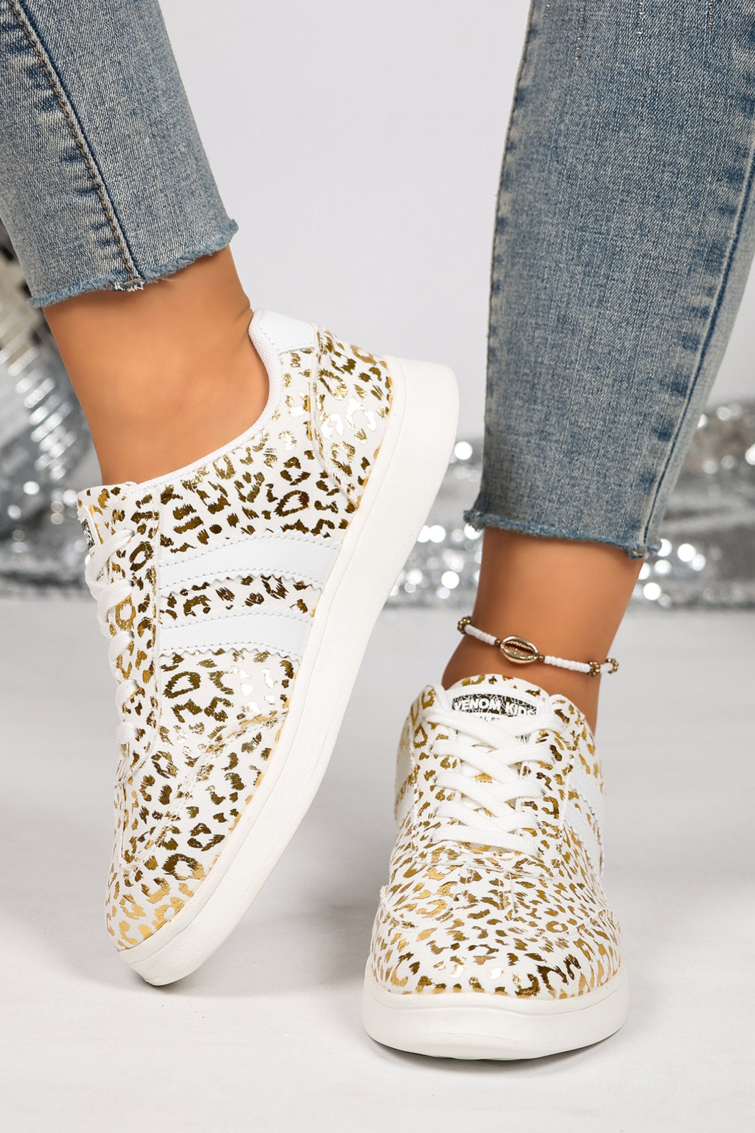 White Leopard Print Lace-Up Casual Shoes