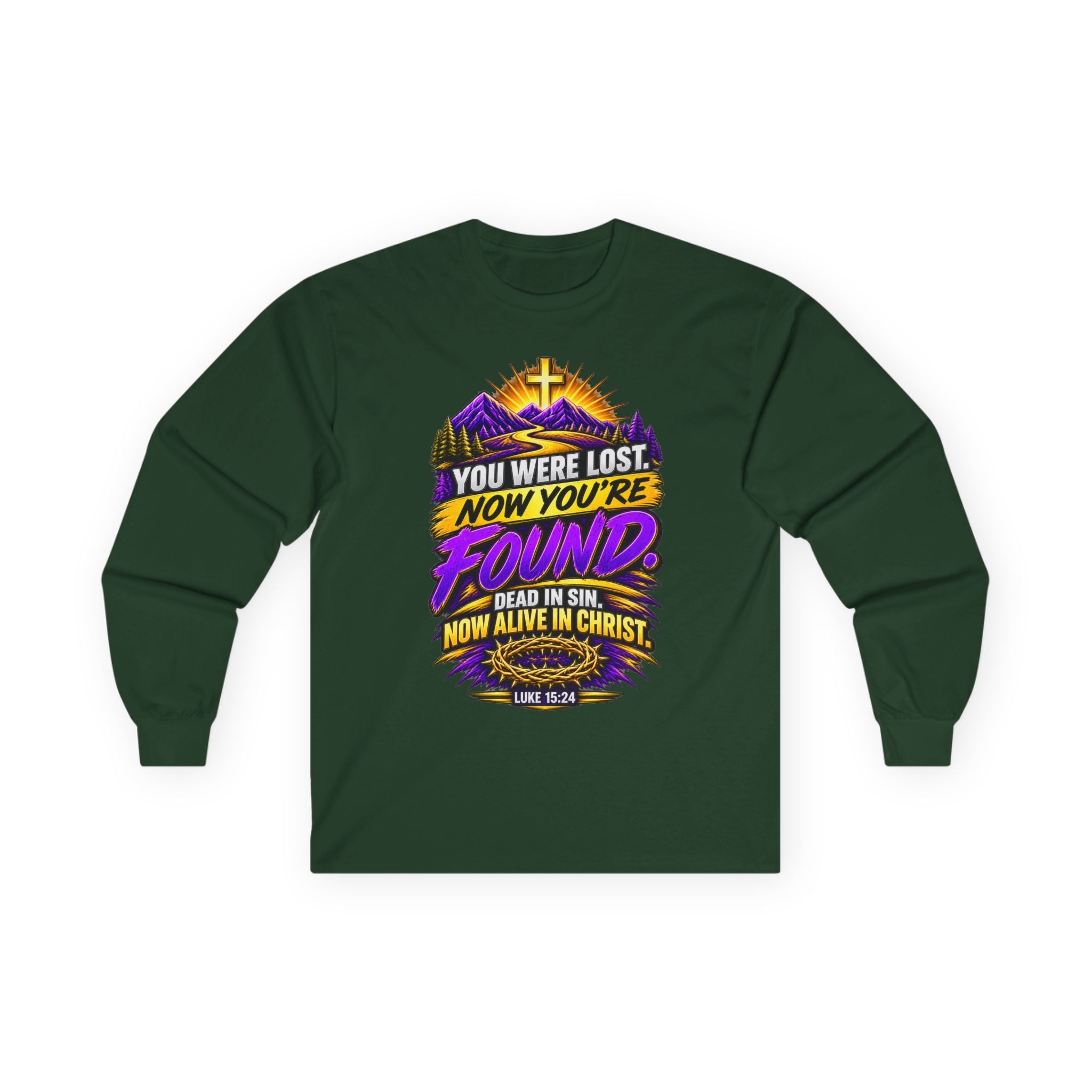 Long Sleeve Tee — "Found" Christian Faith Design (Acts 4:12)