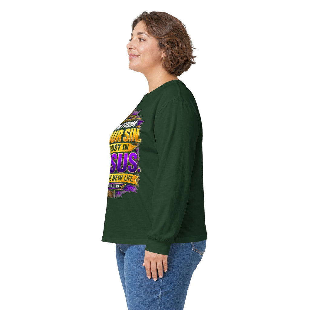 Your Sin. Trust in Jesus. — Acts 4:12 Long-Sleeve Tee