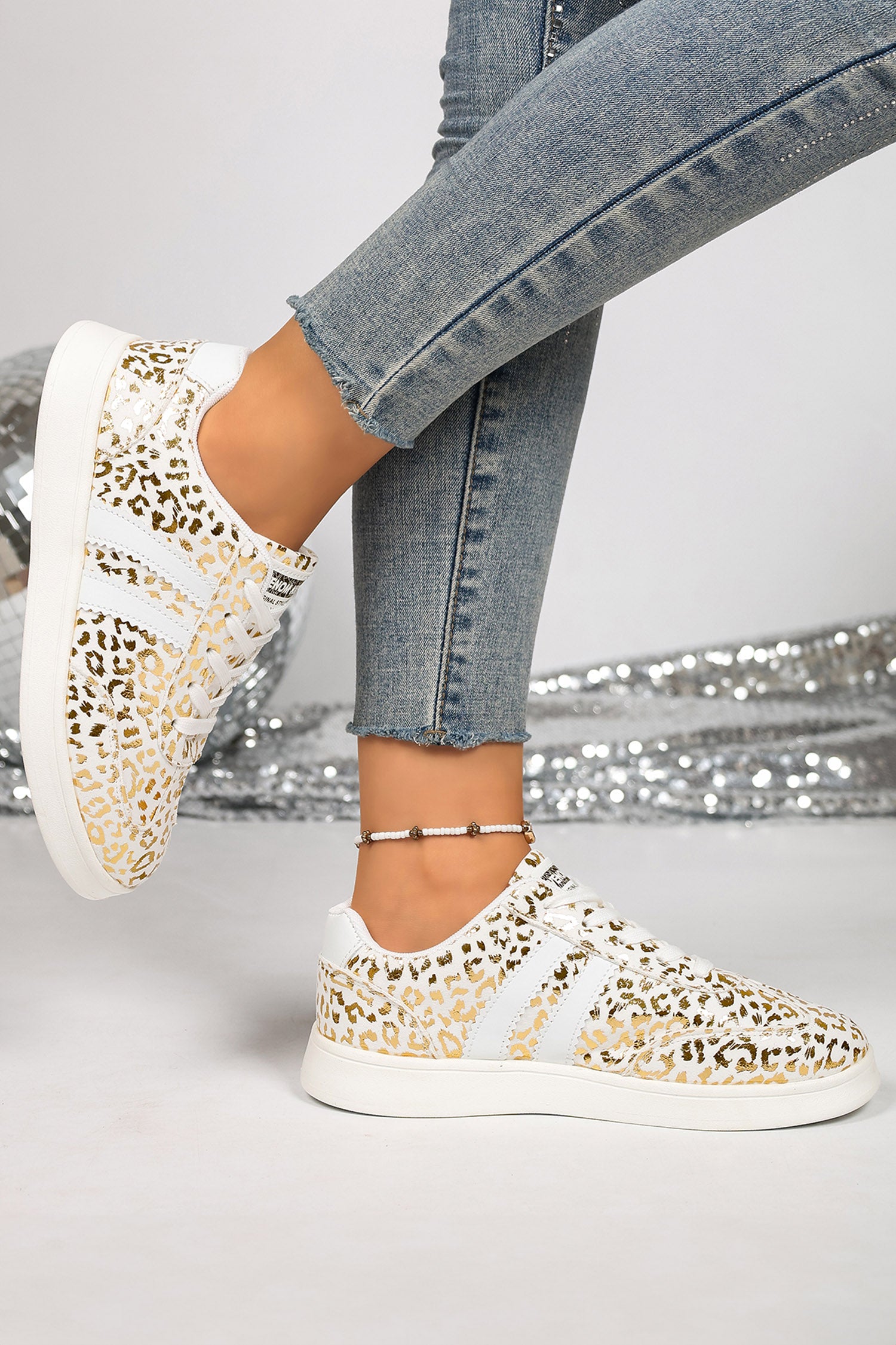 White Leopard Print Lace-Up Casual Shoes