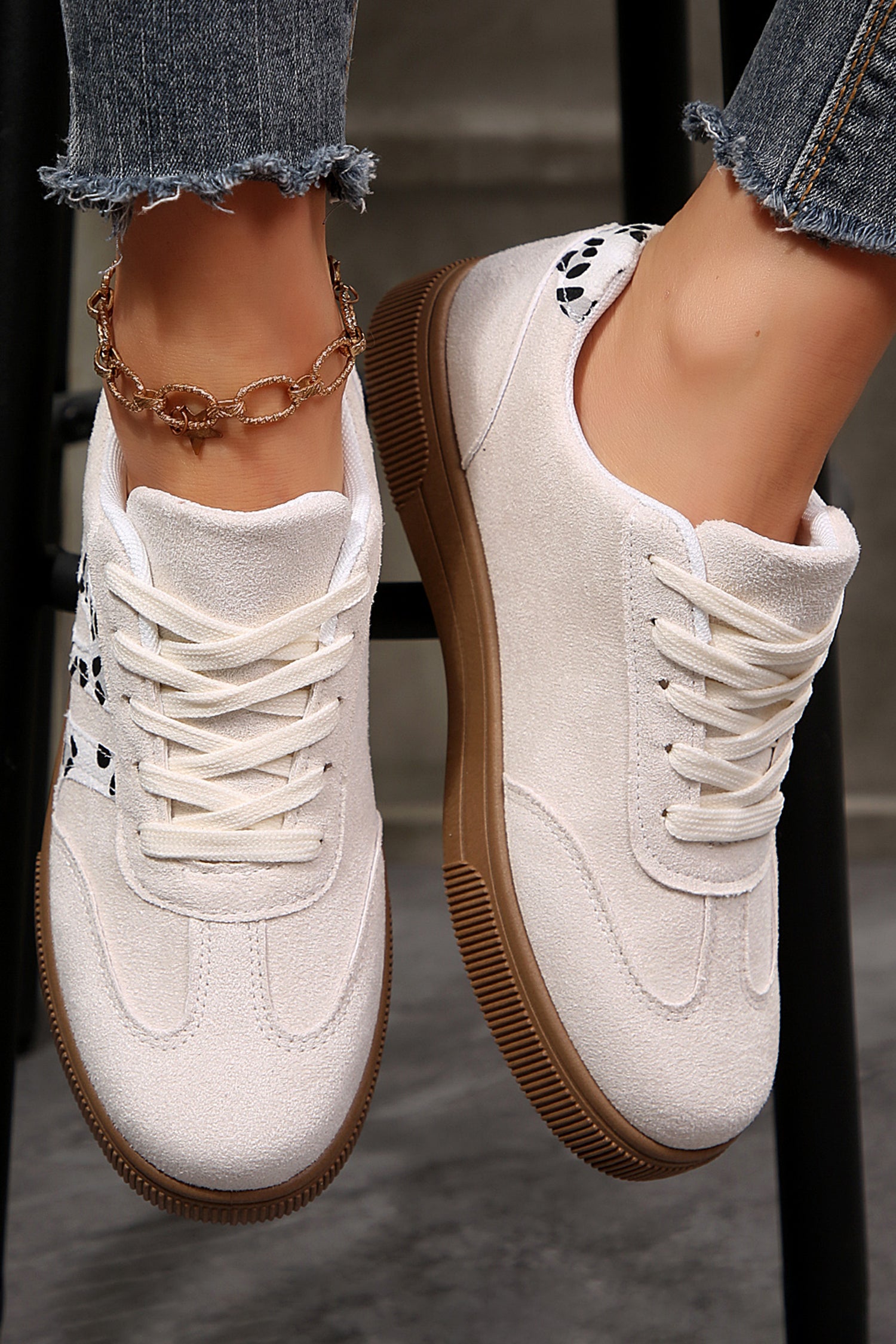 White Suede Leopard Color Block Lace-Up Casual Shoes