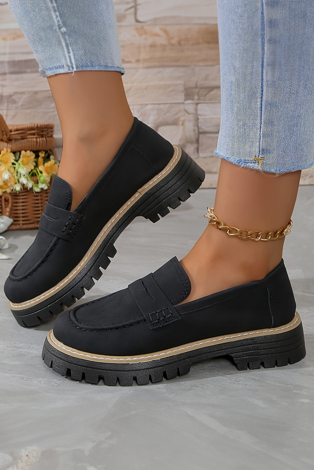 Black Faux Suede Chunky Slip-On Loafers