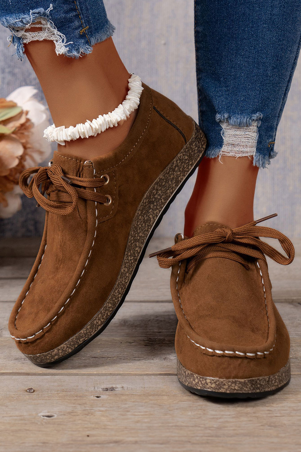 Coffee Thick Sole Lace-Up Casual Shoes