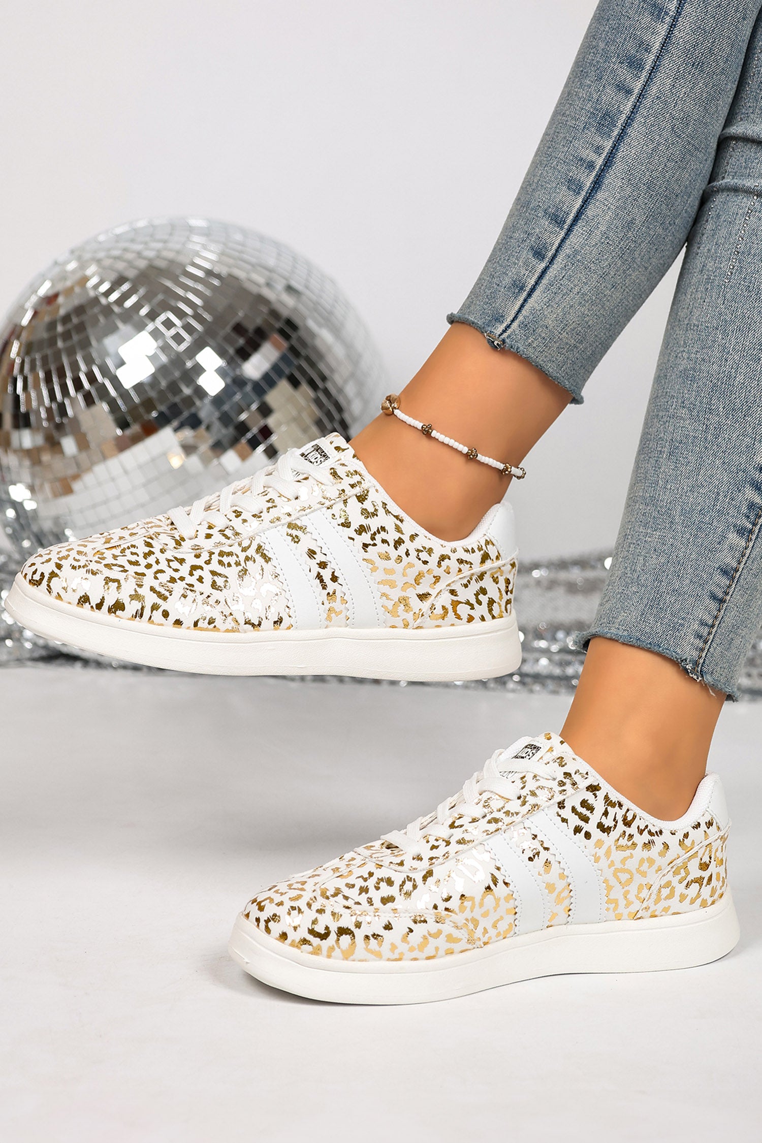 White Leopard Print Lace-Up Casual Shoes