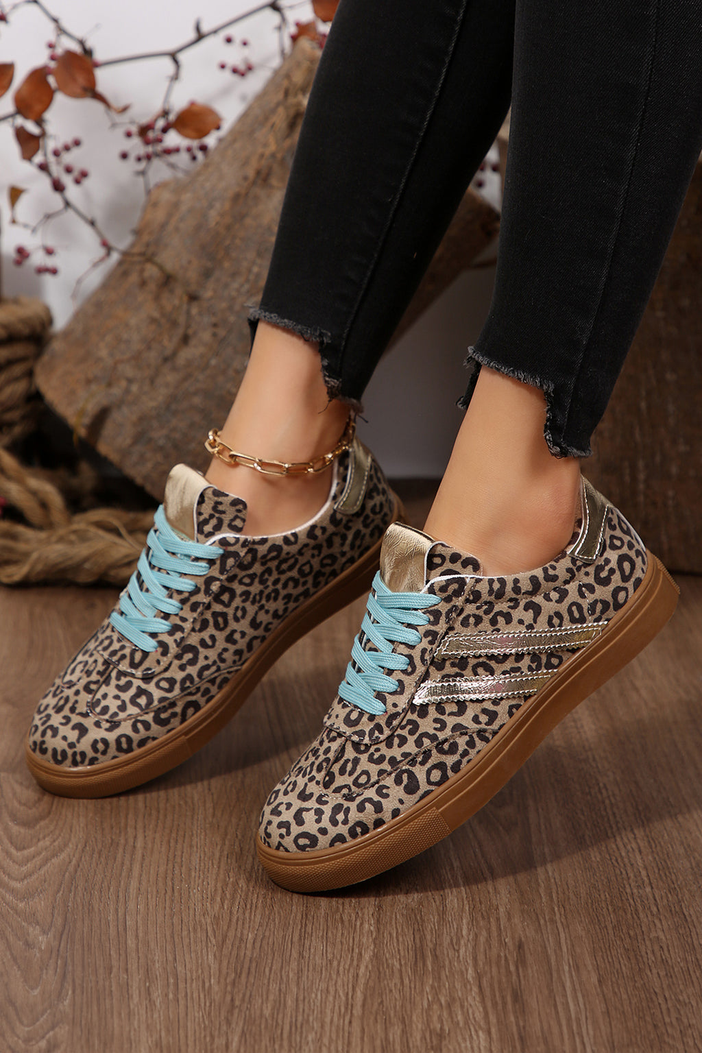 Coffee Leopard Print Faux Suede Lace-Up Sneakers