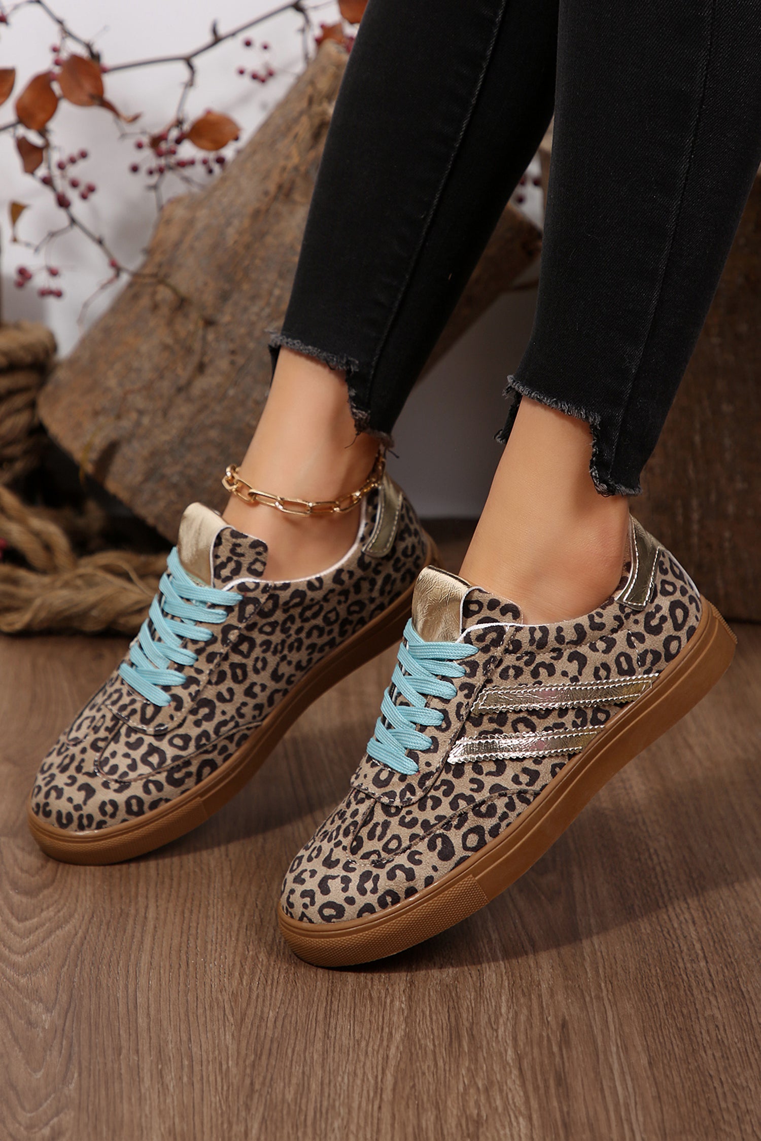 Coffee Leopard Print Faux Suede Lace-Up Sneakers