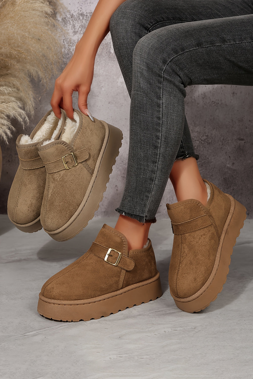 Coffee Buckle Platform Cozy Winter Boots
