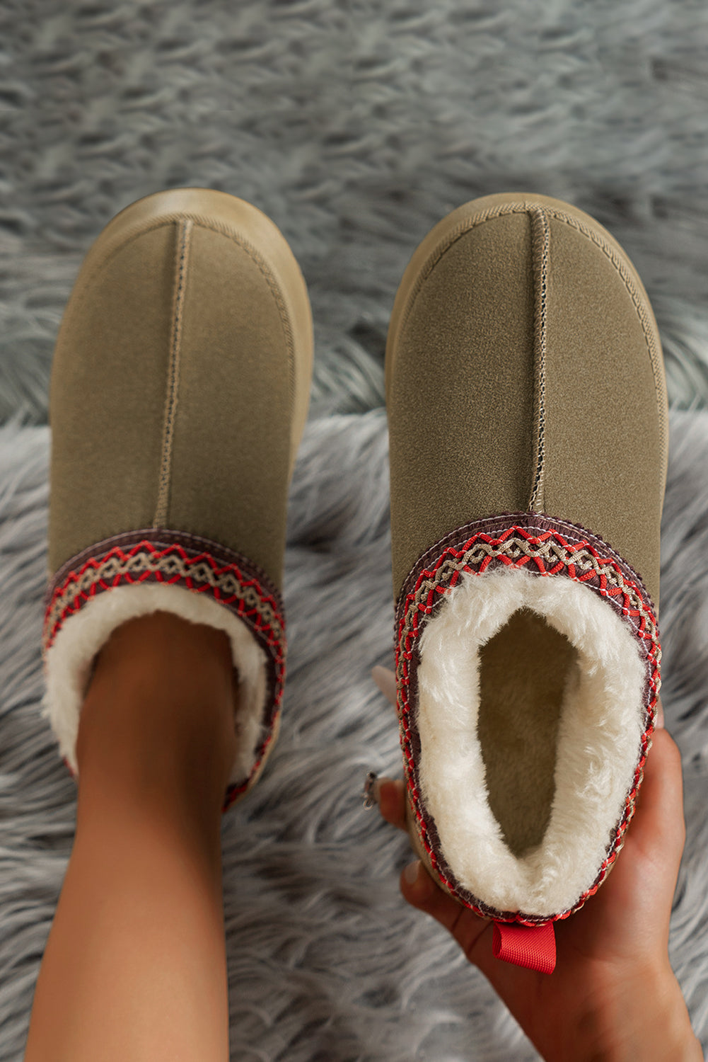 Chestnut Faux Suede Embroidered Detail Plush Lined Platform Slippers