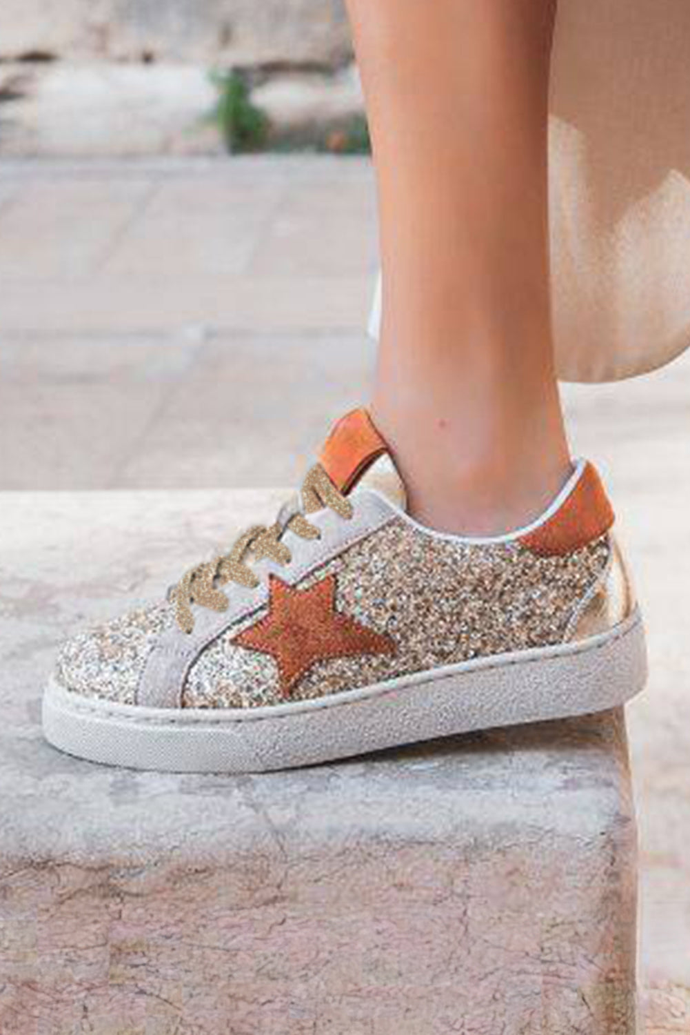 Gold Star Sequined Lace-Up Sneakers