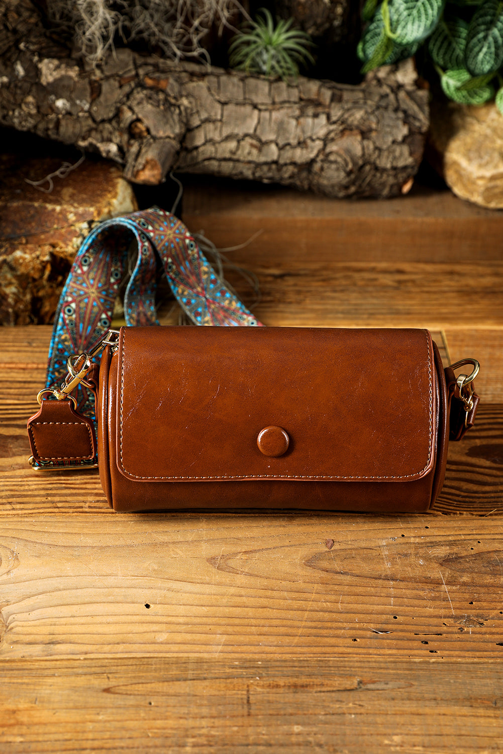 Chestnut PU Leather Flap Shoulder Bag with Retro Wide Strap