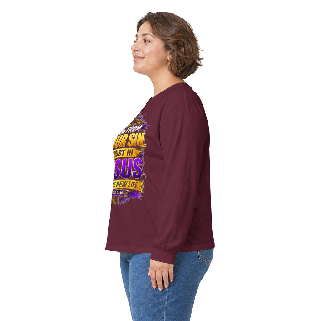 Your Sin. Trust in Jesus. — Acts 4:12 Long-Sleeve Tee