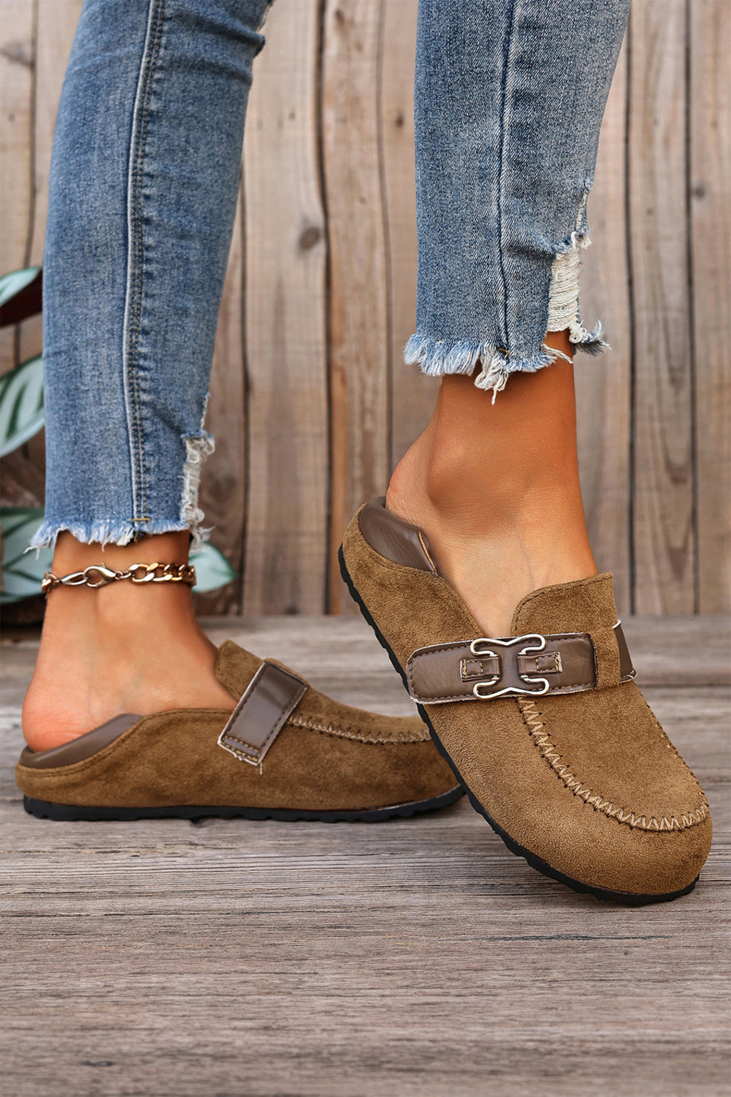Khaki Faux Suede Retro Buckle Slip-On Shoes