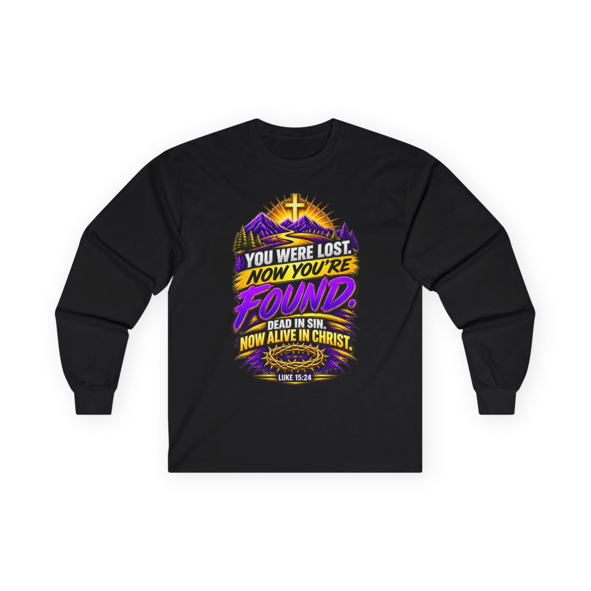 Long Sleeve Tee — "Found" Christian Faith Design (Acts 4:12)