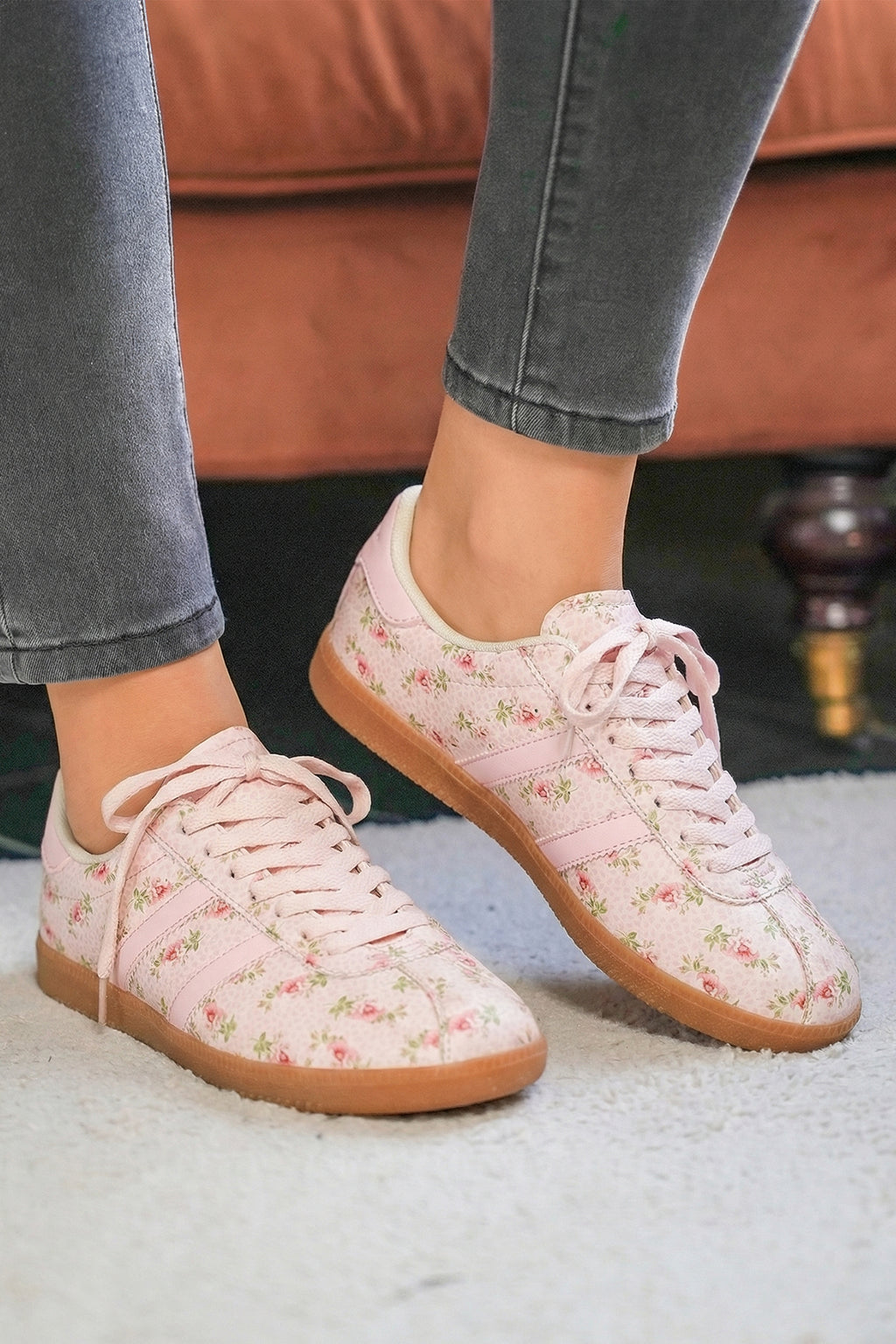 Light Blue Floral Print Lace-Up Flat Shoes