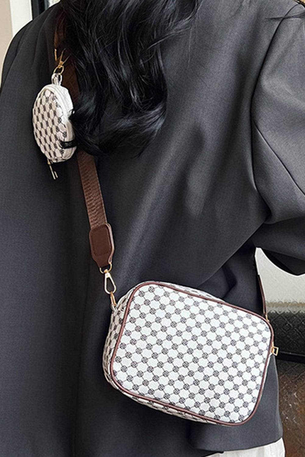 Coffee PU Leather Geometric Shoulder Bag with Wallet