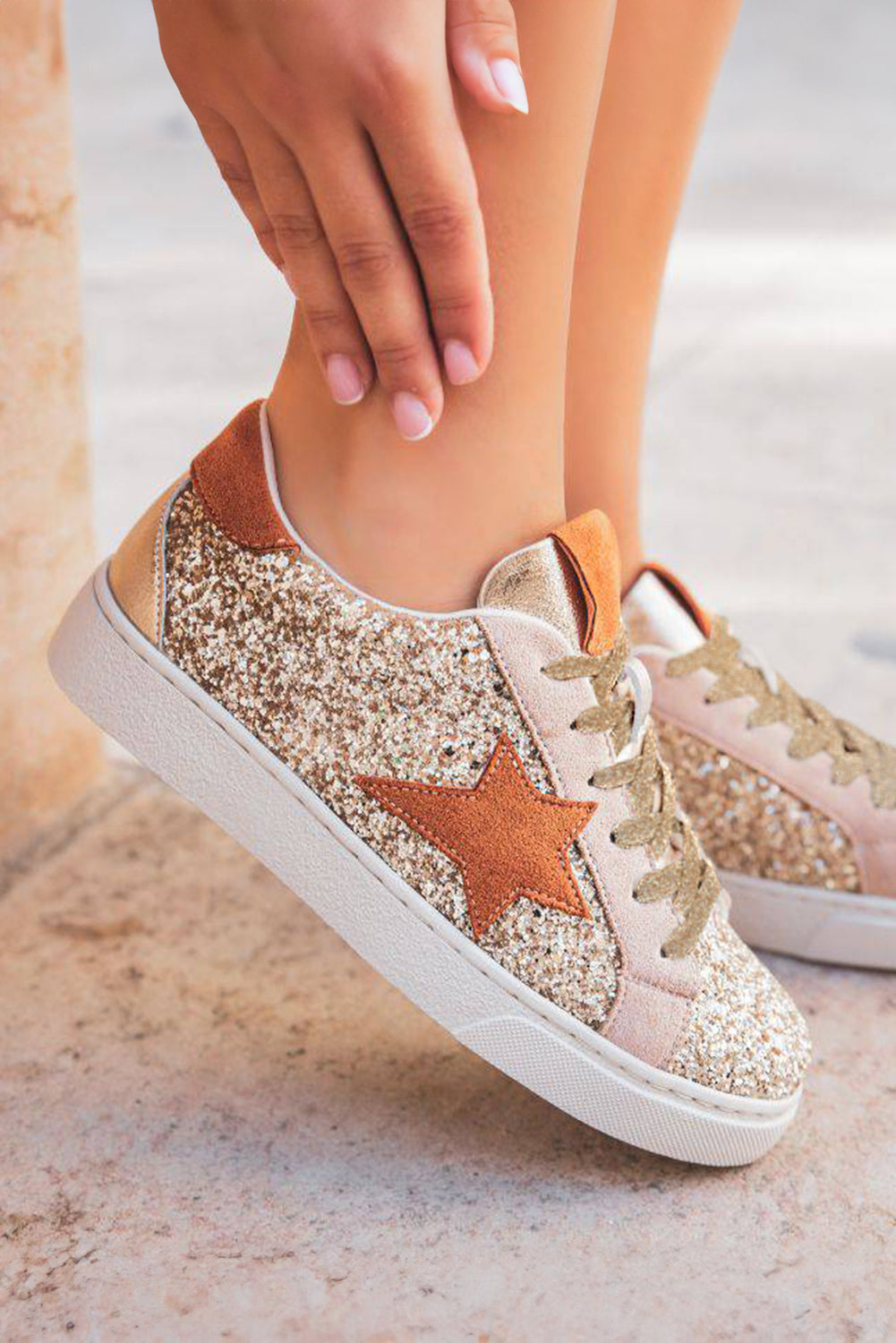 Gold Star Sequined Lace-Up Sneakers