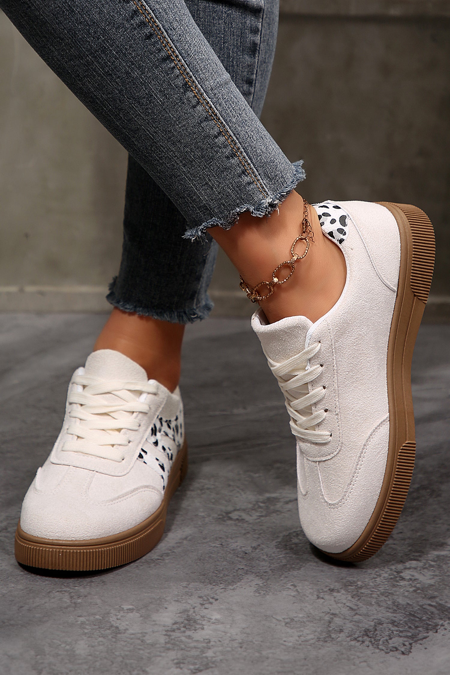 White Suede Leopard Color Block Lace-Up Casual Shoes