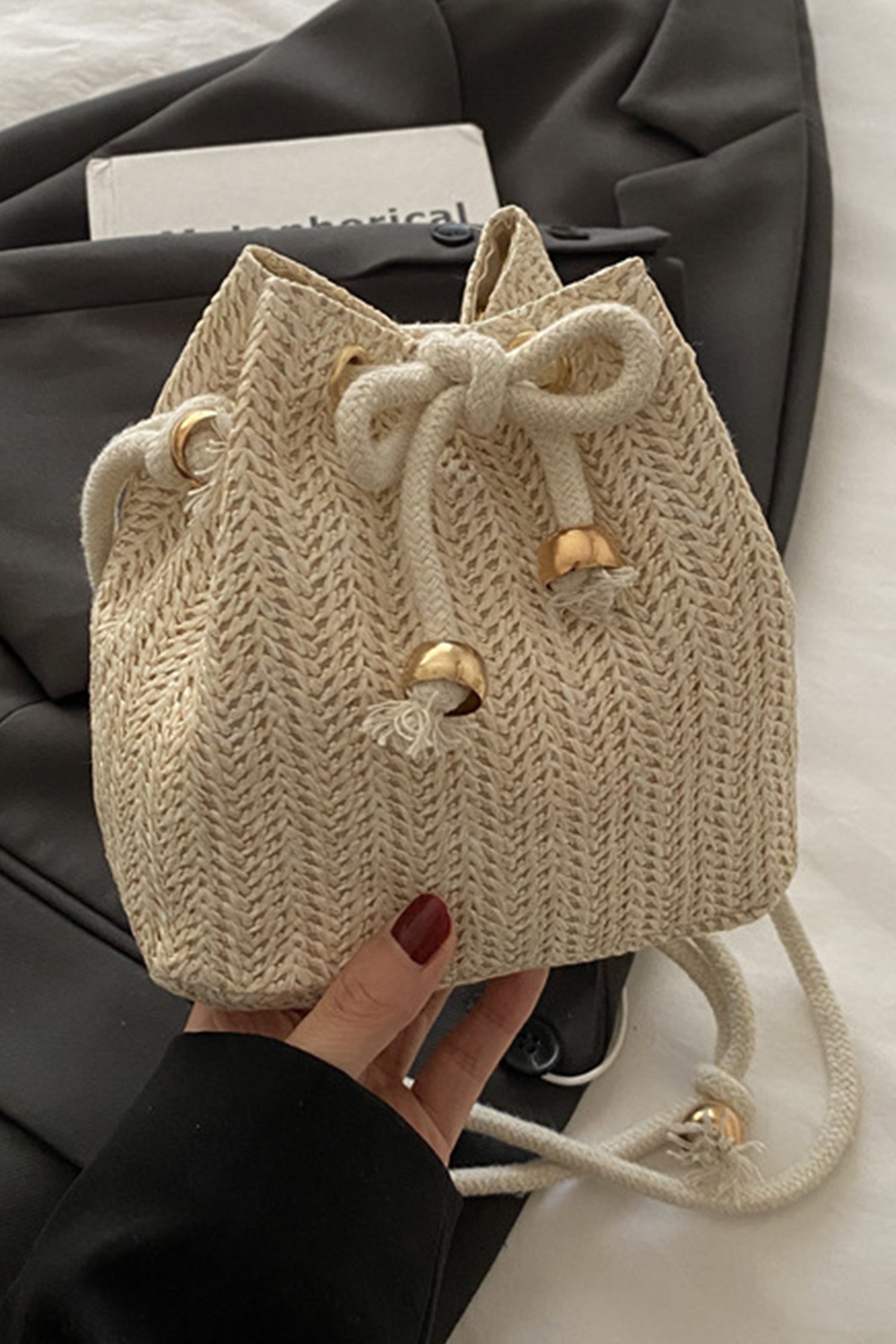 White Boho Straw Mini Bucket Bag