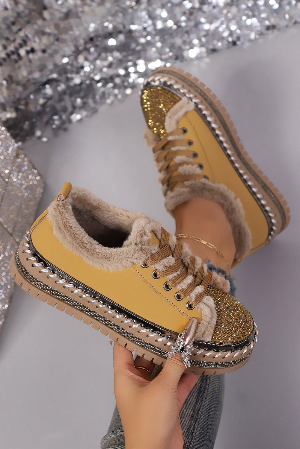 Tan Rhinestone Faux Fur Lining Lace-Up Flat Shoes