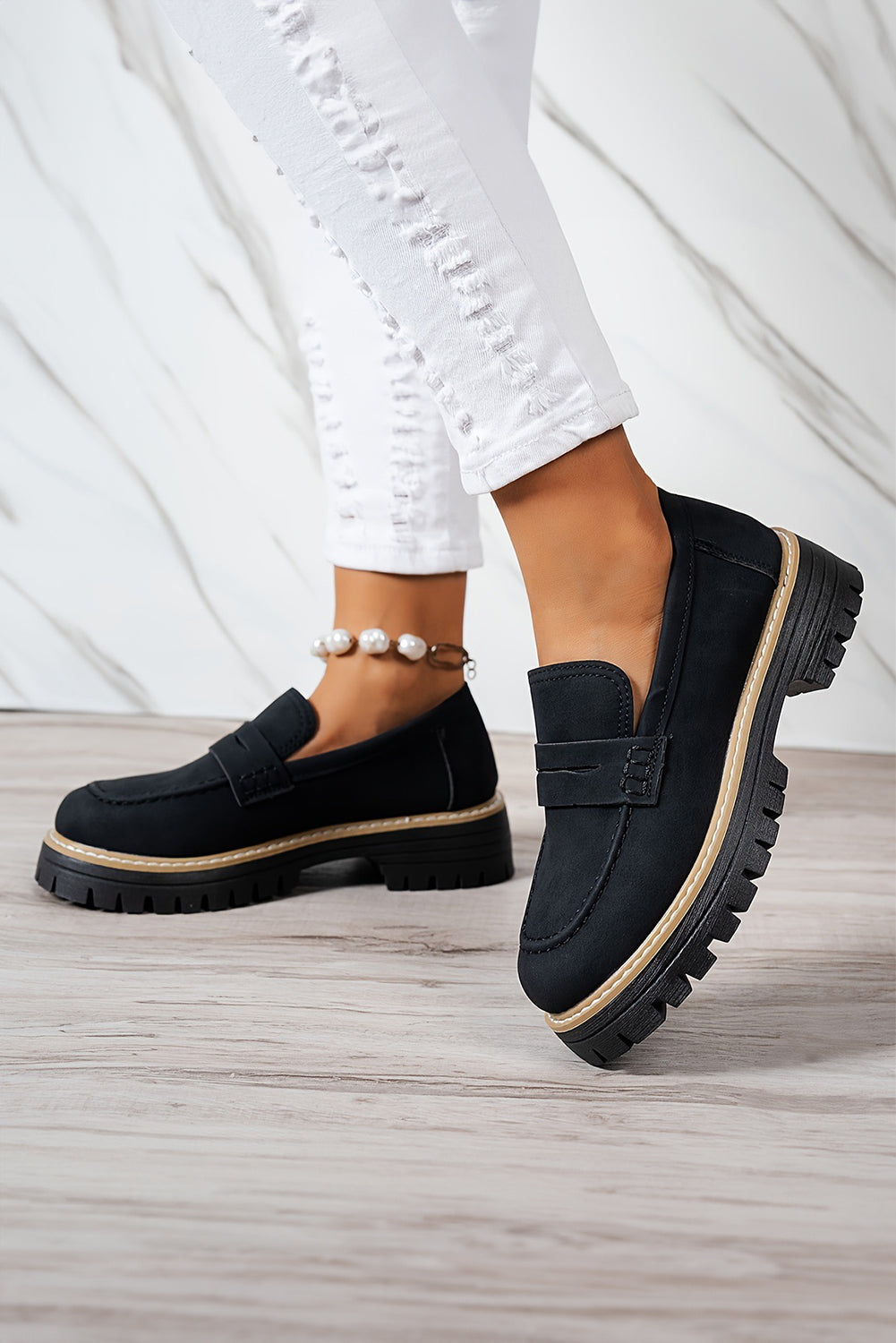 Black Faux Suede Chunky Slip-On Loafers