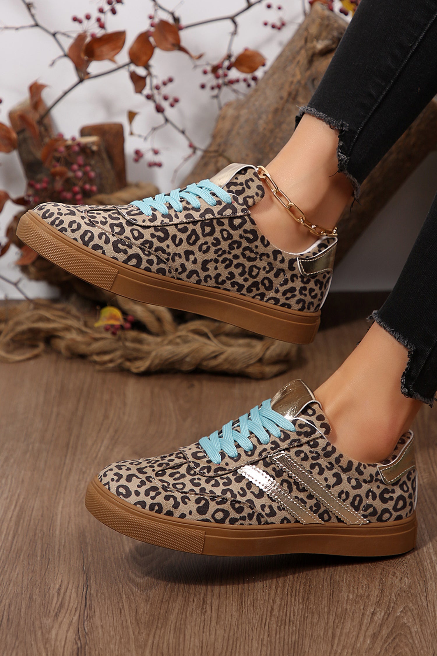 Coffee Leopard Print Faux Suede Lace-Up Sneakers