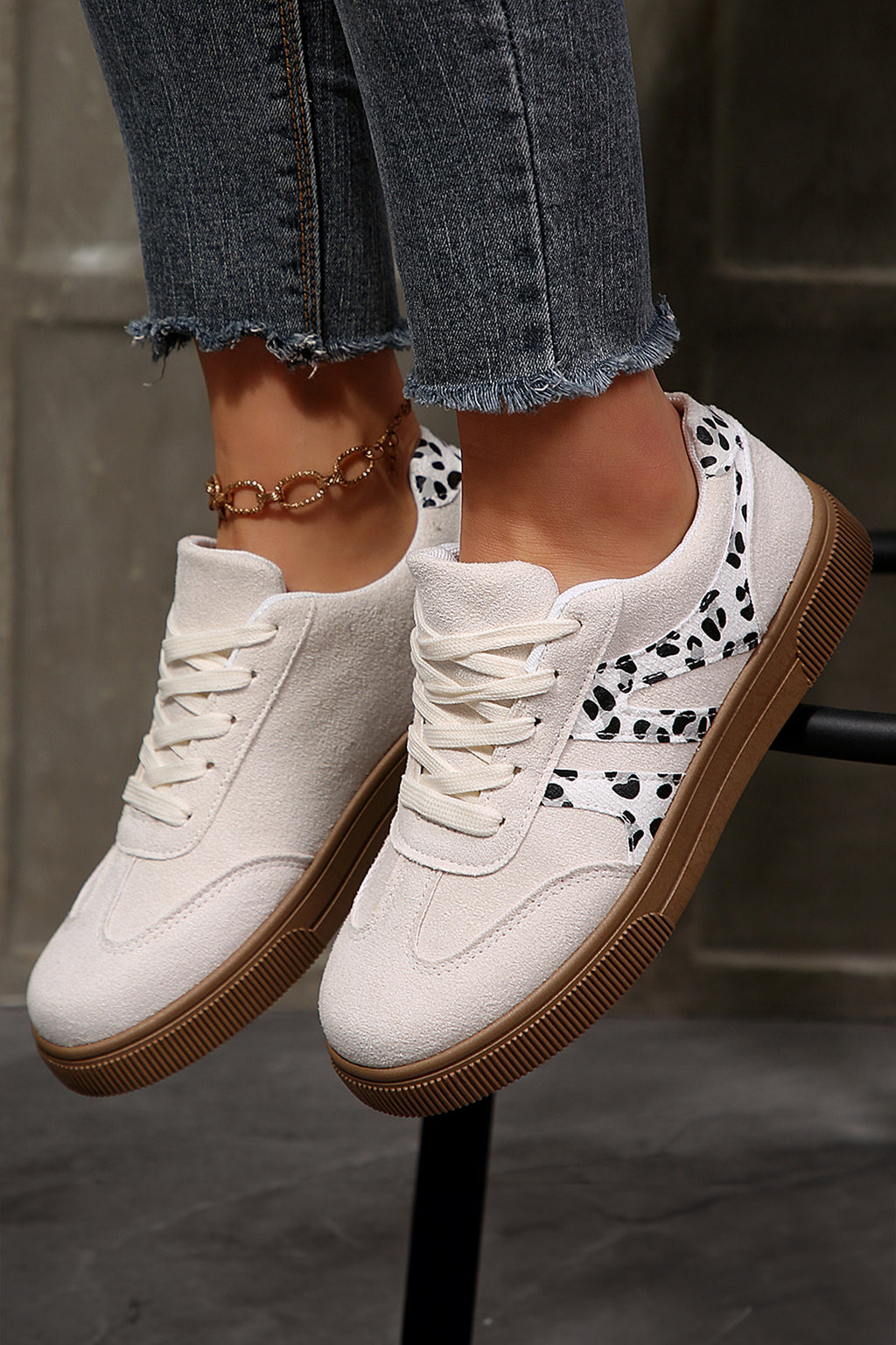 White Suede Leopard Color Block Lace-Up Casual Shoes