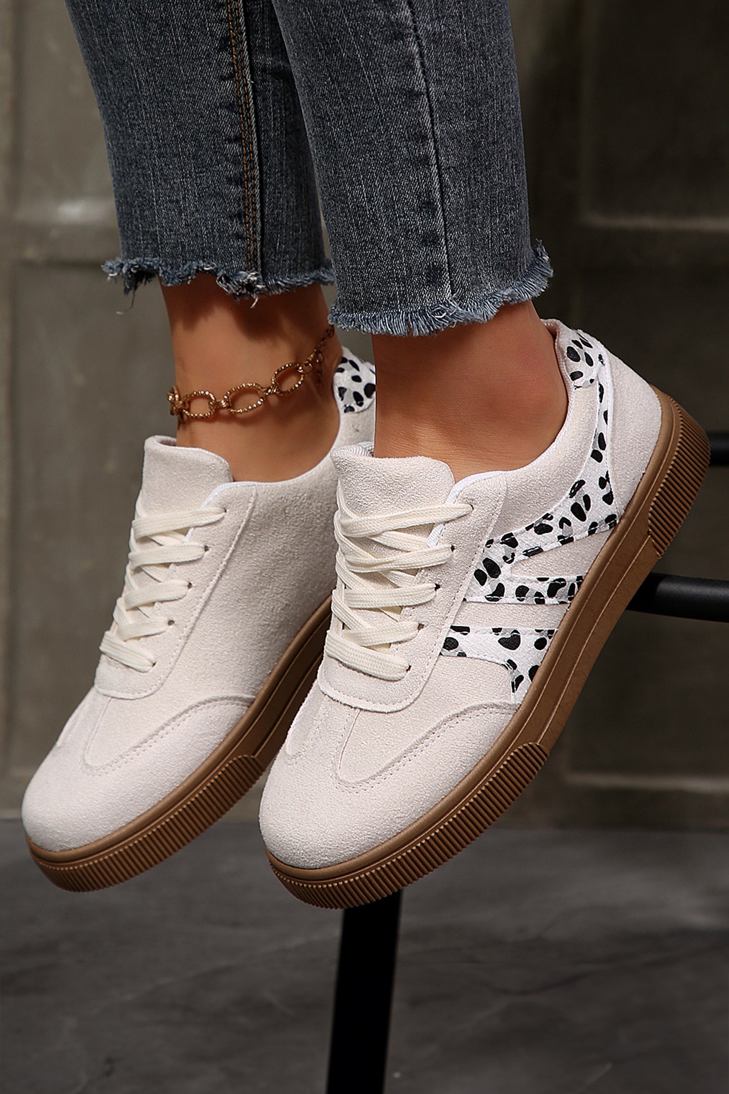 White Suede Leopard Color Block Lace-Up Casual Shoes