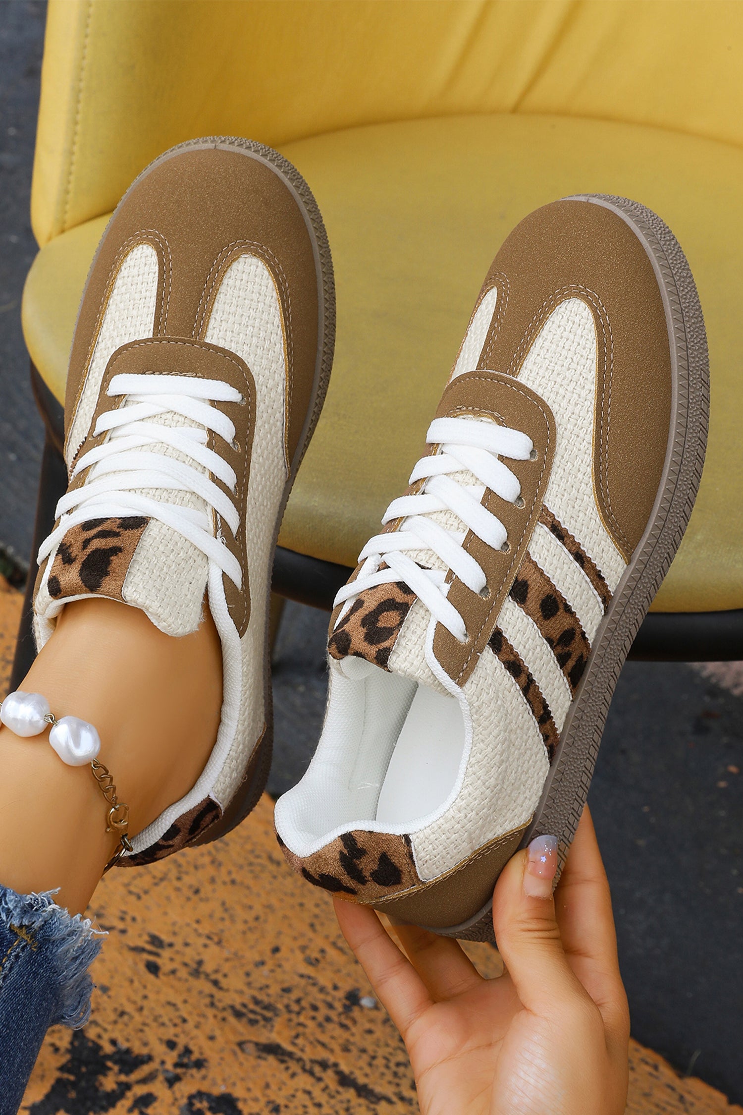 Coffee Leopard Color Block Lace-Up Flat Shoes