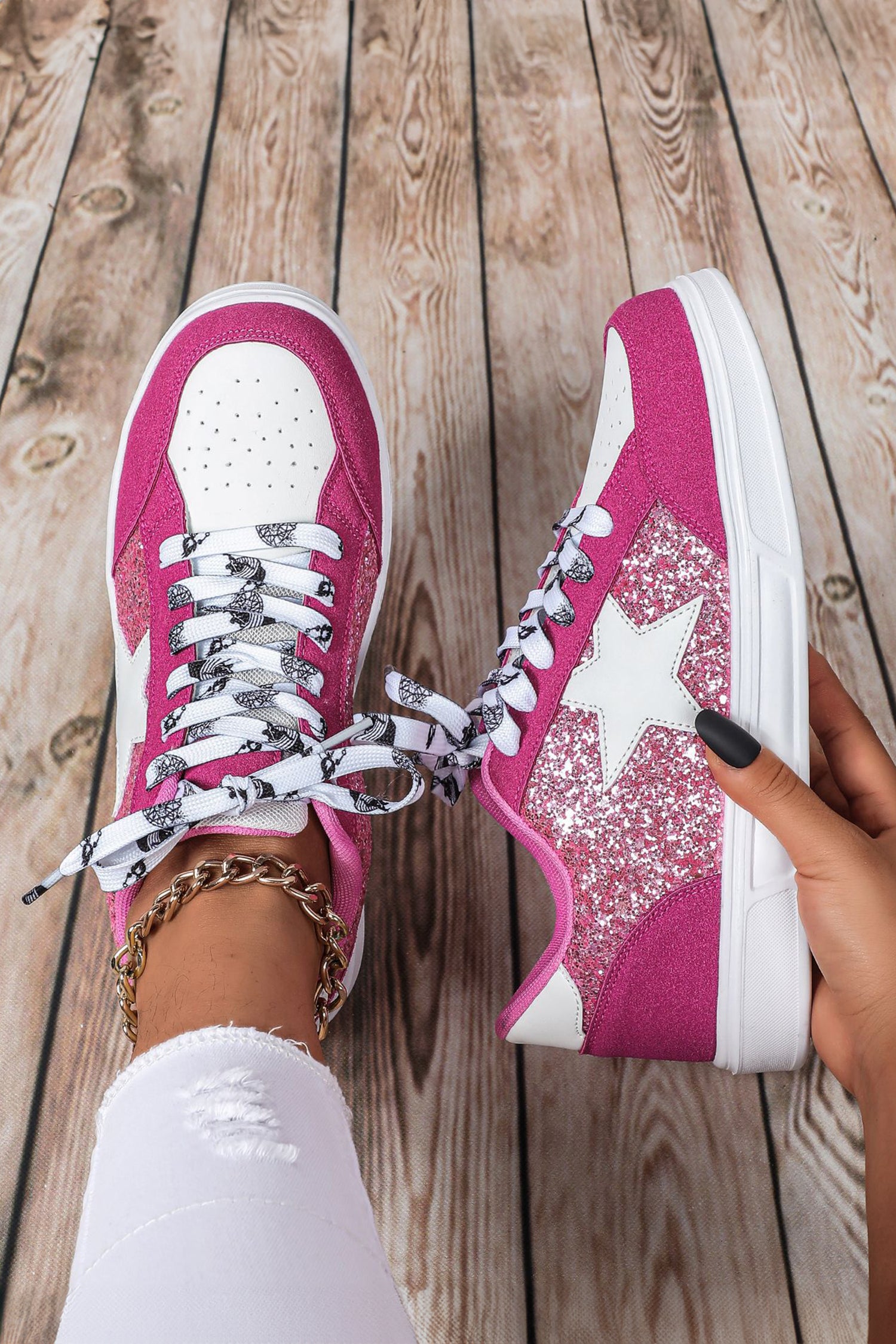 Rose Red Glitter Star Patchwork Lace-Up Flat Shoes