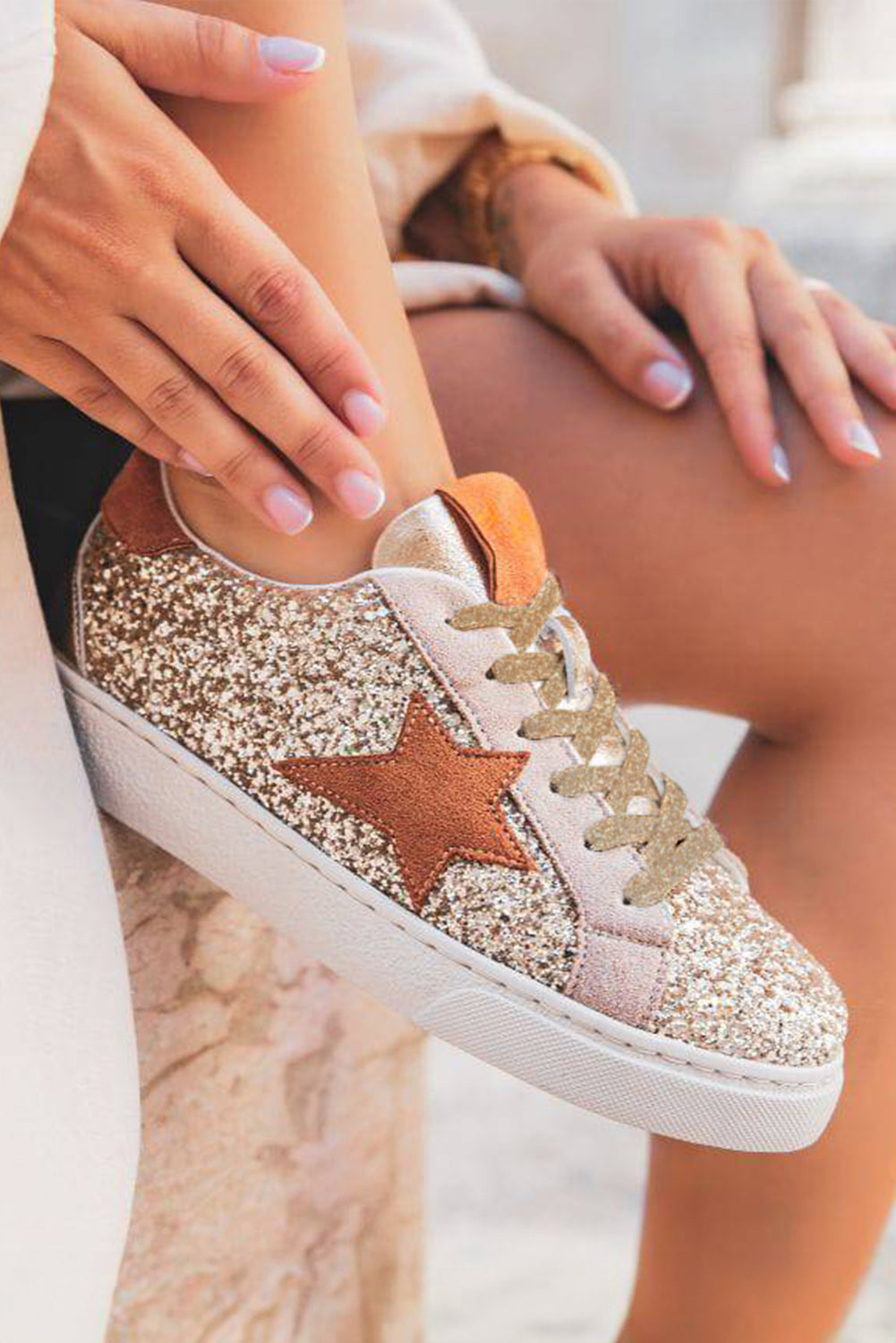 Gold Star Sequined Lace-Up Sneakers