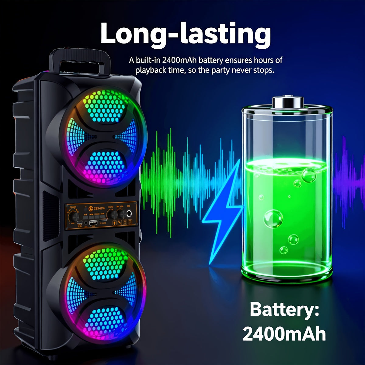 Portable Bluetooth Speaker with Subwoofer & Dual 6.5" LED Woofers