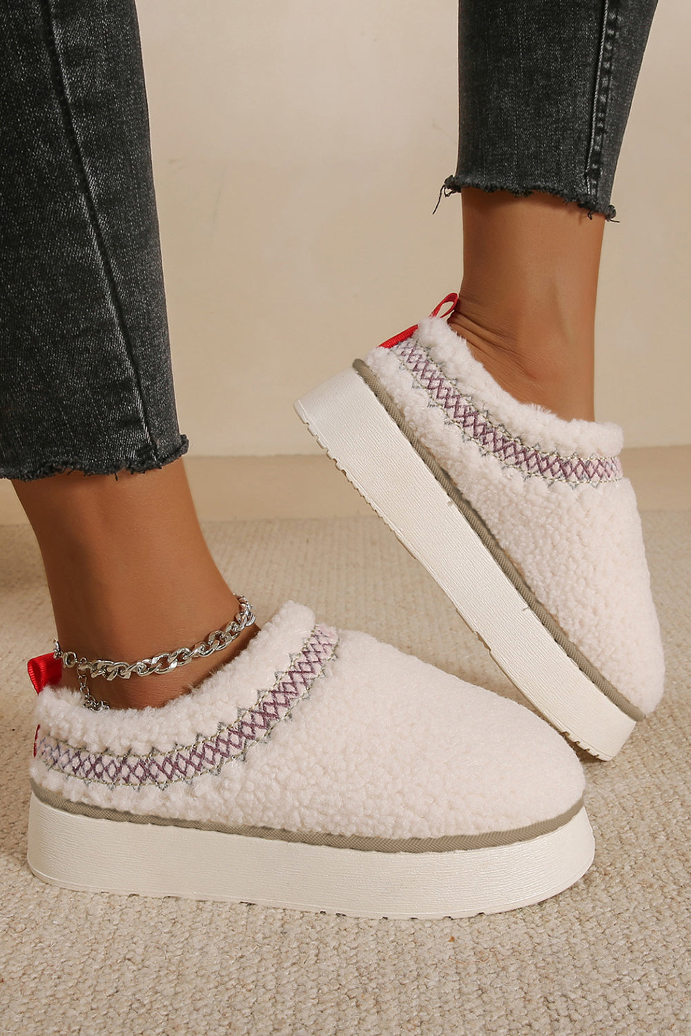 White Soft Plush Embroidered Detail Flat Platform Slippers