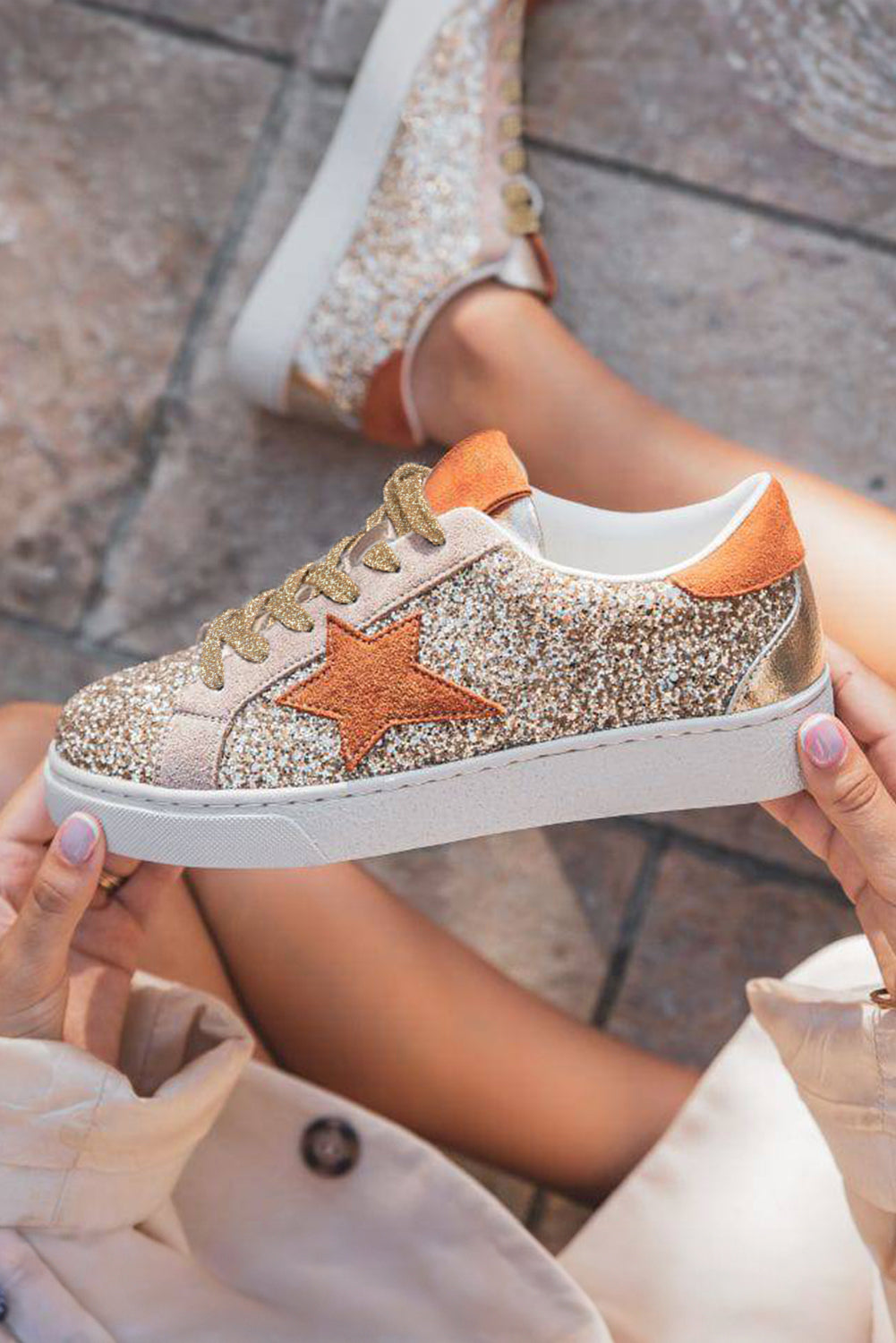 Gold Star Sequined Lace-Up Sneakers