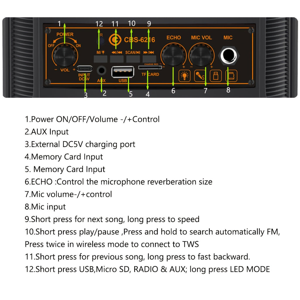 Portable Bluetooth Speaker with Subwoofer & Dual 6.5" LED Woofers