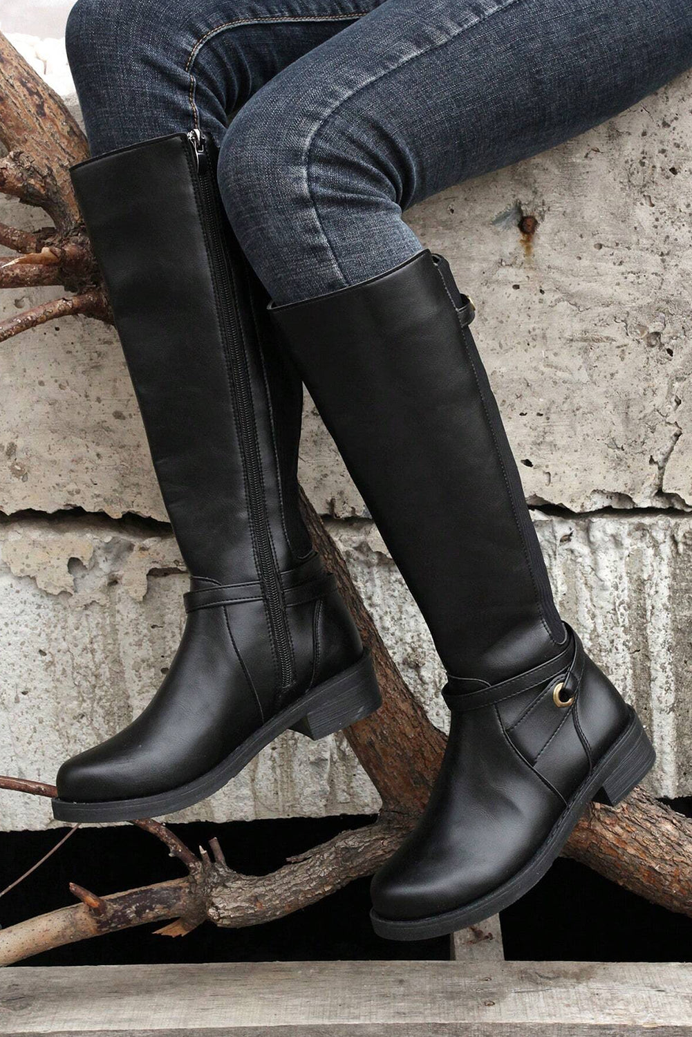 Black Side Zipper Knee-High Chunky Heel Boots