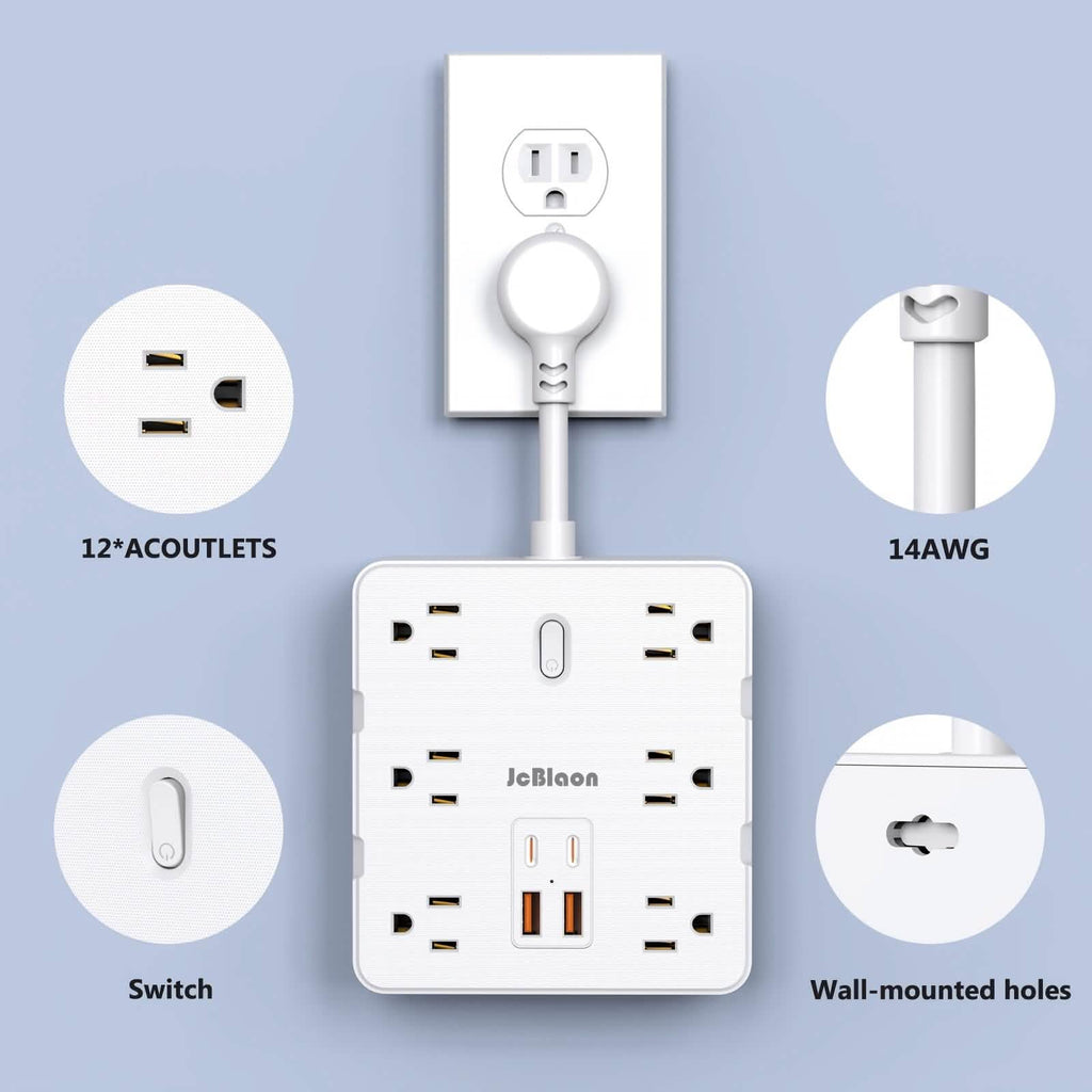 16-in-1 Power Strip (12 AC Outlets & 4 USB Ports) – White