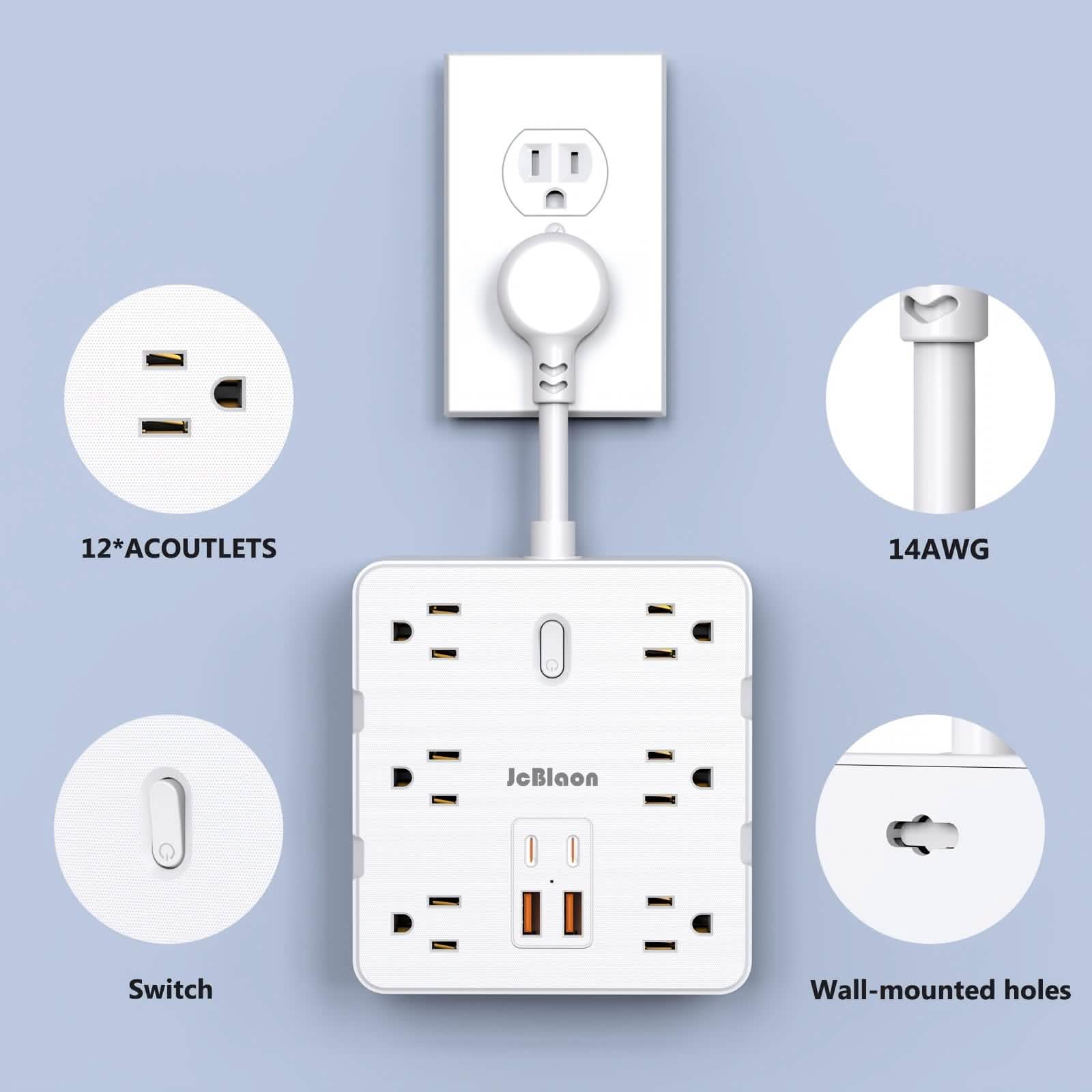 16-in-1 Power Strip (12 AC Outlets & 4 USB Ports) – White