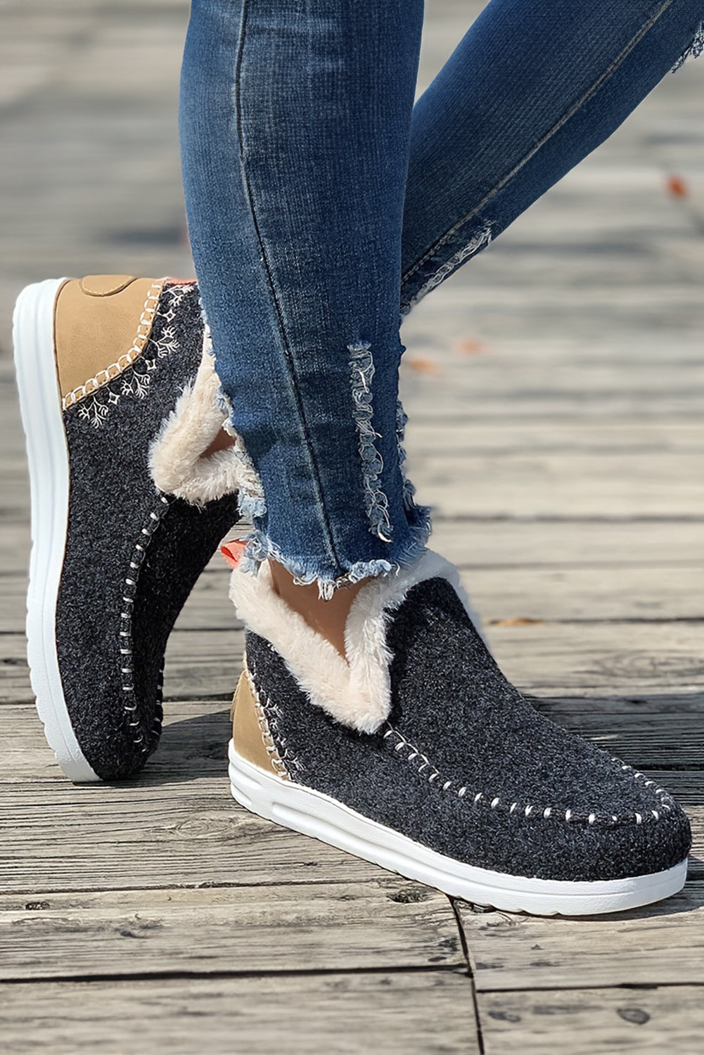 Carbon Grey Suede Patchwork Plush Lined Ankle Boots
